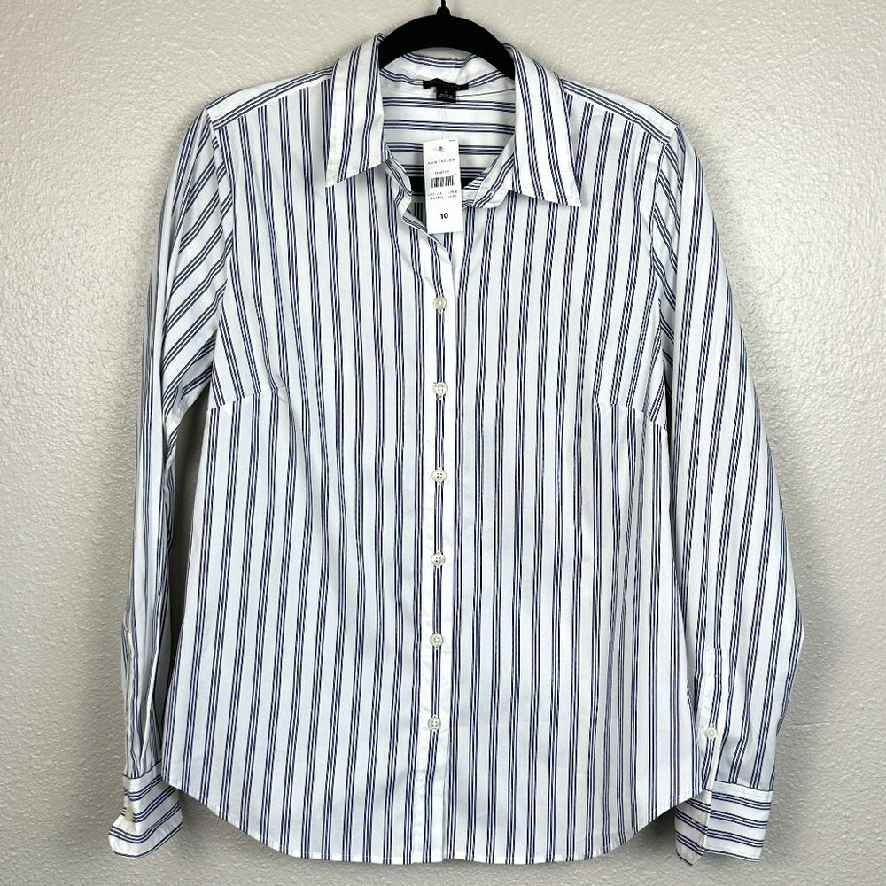 Ann Taylor Striped Perfect Shirt - Royal Azure Blue - Sz 10 - NWT